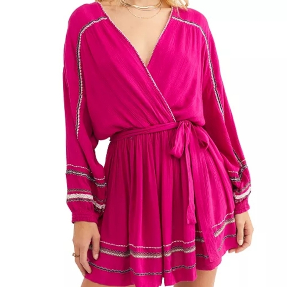 Free People Large Delilah Dress Embroidered Hot Pink Boho Bohemian Faux Wrap - Picture 1 of 16